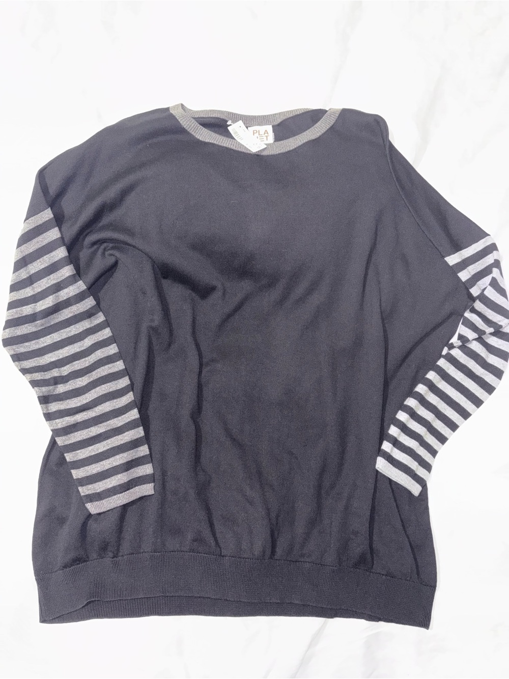 Women’s Crewneck Sweater in Black with Gray Striped Sleeves